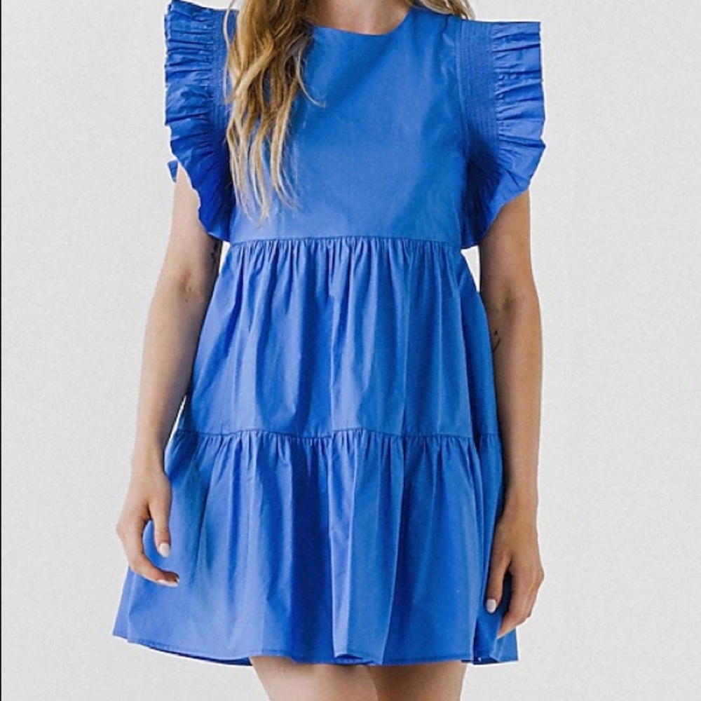 English Factory Ruffle Blue Mini Dress